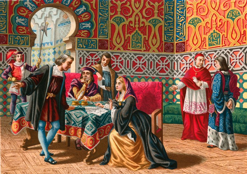 Kolumbusz és Ferdinánd és Isabel találkozása a felfedezőút előtt alkotó: Spanish School