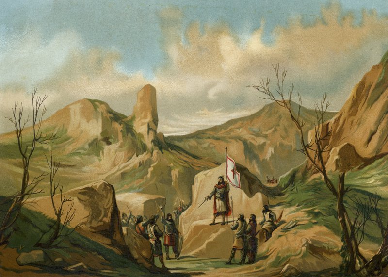 Pelagius of Asturias Covadongában, Spanyolországban, c722 alkotó: Spanish School