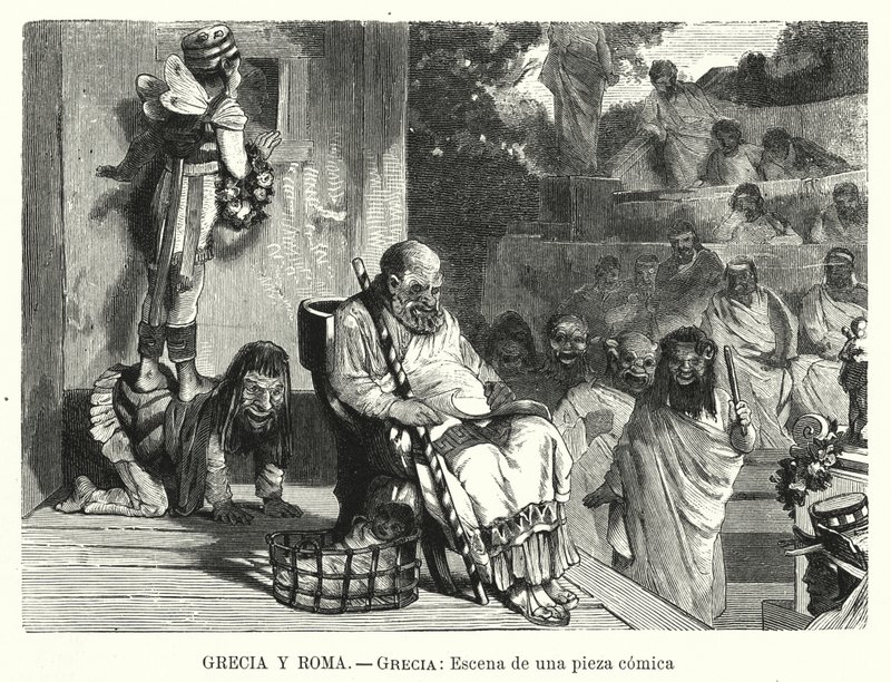 Vígjáték előadása az ókori görögországi színházban (litho) alkotó: Spanish School