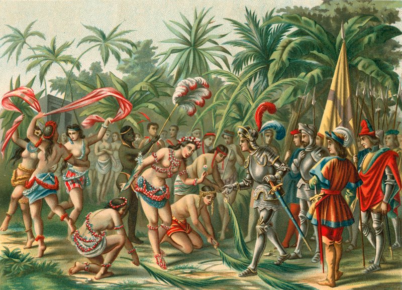 Fogadás az Arany Virágnak nevezett Anacaonából, a Hispanioláról Bartholomew Columbus és Hermano del Almirante számára alkotó: Spanish School