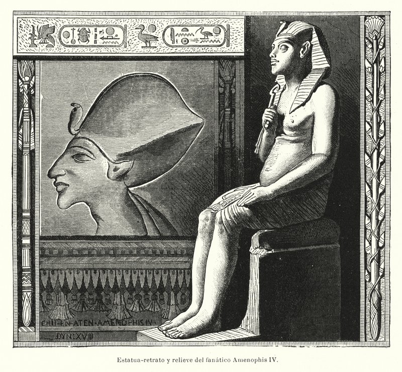 Az ókori egyiptomi Ehnaton fáraó ülő szobra és domborműve (IV. Amenhotep) (litho) alkotó: Spanish School