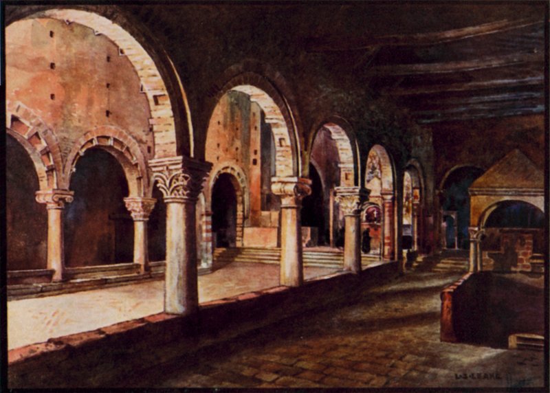 Olasz katedrálisok: Toscanella, kilátás a San Pietro hajójára (színes litho) alkotó: Stafford Leake