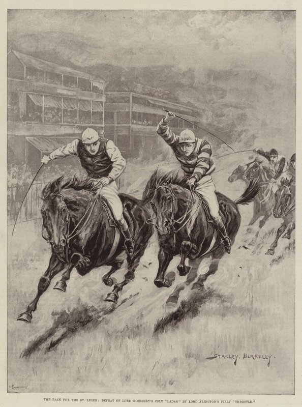 A verseny a St Legerért, Lord Roseberys Colt Ladas legyőzése, Lord Alington Filly Throstle alkotó: Stanley Berkeley