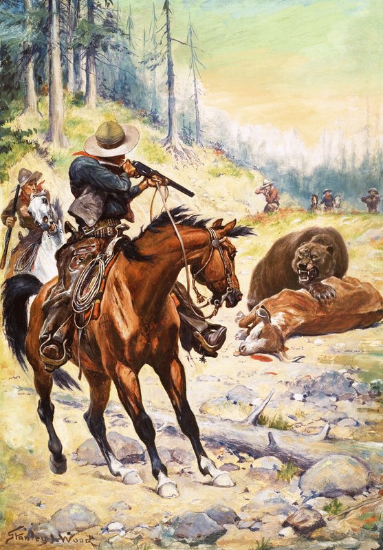 Az amerikai cowboyok körülvesznek egy tehén teste fölé görnyedő medvét alkotó: Stanley L. Wood