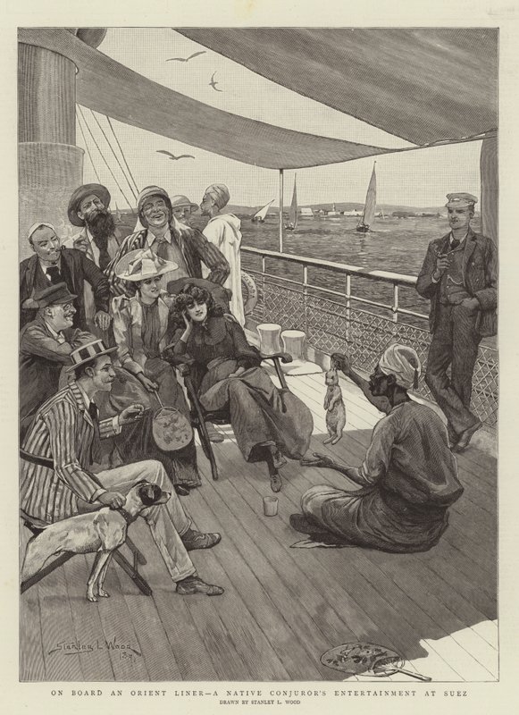 Egy Orient Liner fedélzetén, egy bennszülött varázsló szórakoztatása Szuezben alkotó: Stanley L. Wood