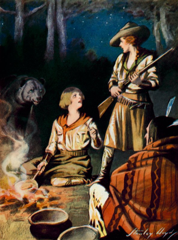 Jelenet a Nagy Medve hálája című filmből: egy medve közeledik a tábortűzhöz (színes litográfia) alkotó: Stanley Lloyd
