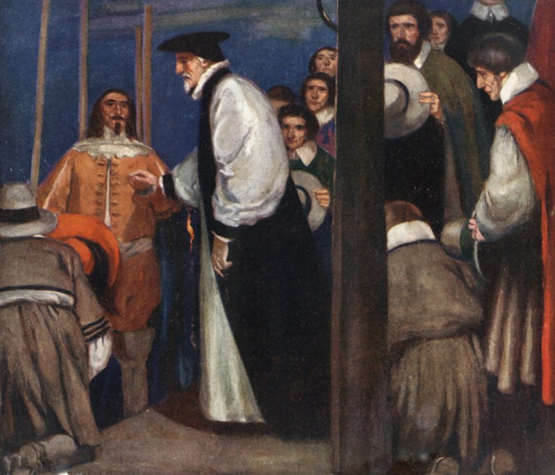 Laud belép a bárkába Lambethnél, hogy a toronyba menjen (színes litho) alkotó: Stephen Reid