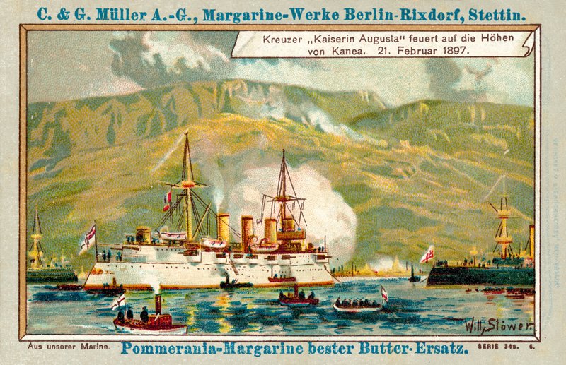 A Kaiserin Augusta német cirkáló Chania magaslataira lőtt, Kréta, 1897. február 21. (chromolitho) alkotó: Stoewer Willy