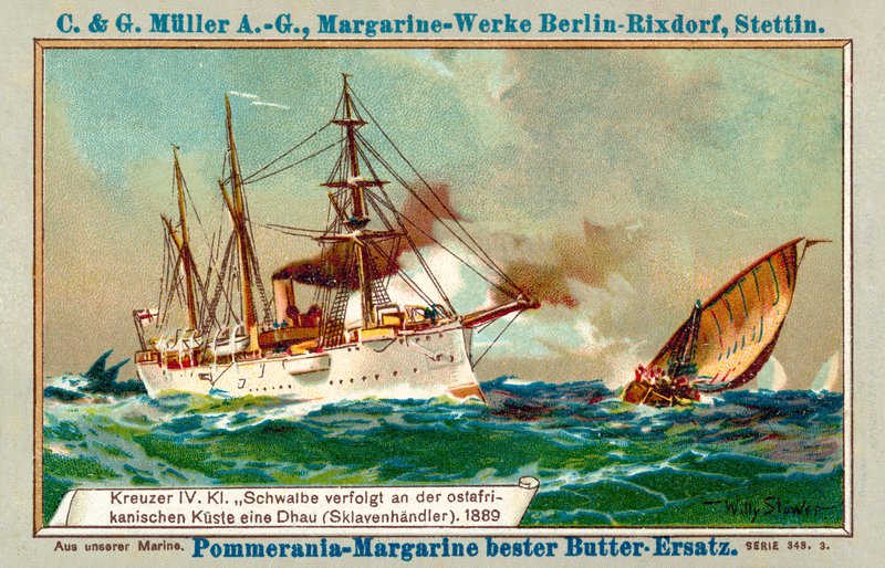 A német Schwalbe cirkáló egy rabszolgatartó dhow-ját követi Kelet-Afrika partjainál alkotó: Willy  Stoewer 