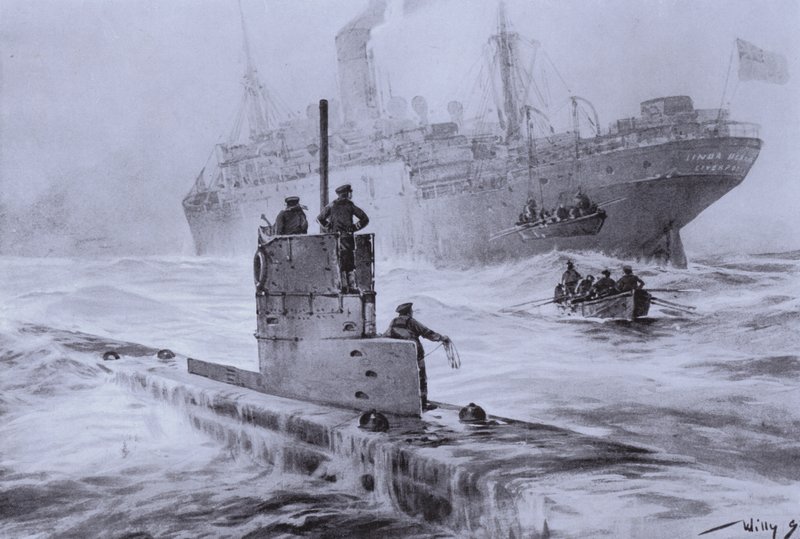 A Linda Blanche brit kereskedelmi hajó elsüllyesztése az U-21-es német tengeralattjáró által Liverpool mellett, I. világháború, 1915. január 30. (litho) alkotó: Willy  Stoewer 