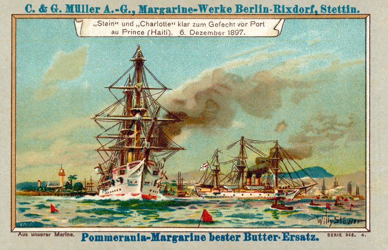 Stein és Charlotte német hadihajók a haiti Port au Prince Harbourban a Luders-ügy idején, 1897. december 6-án (chromolitho) alkotó: Stoewer Willy