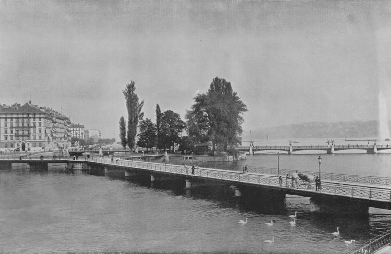 Genf, Pont des Bergues és Ile J-J Rousseau (f/w fotó) alkotó: Swiss Photographer