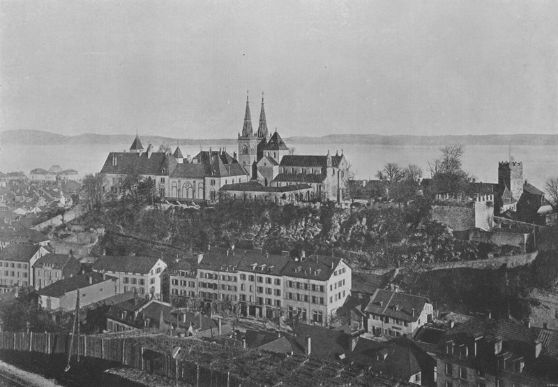 Neuchatel, a kastély és a kollégiumi templom (f/w fotó) alkotó: Swiss Photographer