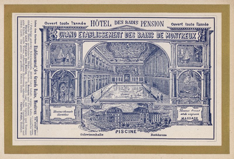 A Grand Etablissement Des Bains De Montreux hirdetése (metszet) alkotó: Swiss School