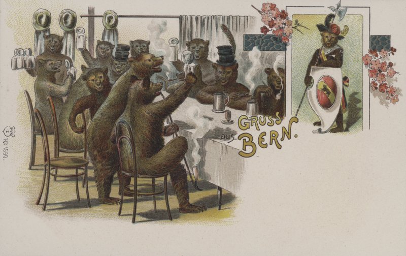 Sört iszogató medvék, üdvözlet a svájci Bernből (chromolitho) alkotó: Swiss School