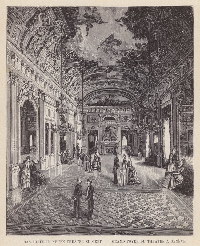 A genfi ​​Új Színház előcsarnoka, Grand Foyer du Theatre a Geneve (metszet) alkotó: Swiss School