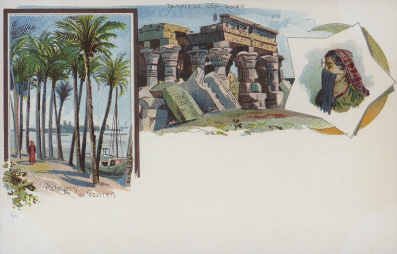 Egyiptomi jelenetek: pálmafák a Nílus partján Gezirában, Kairóban és Kom Ombo temploma (chromolitho) alkotó: Swiss School