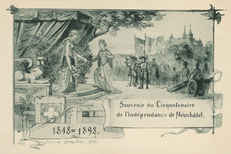 Ötven éves évfordulója annak, hogy Neuchatel 1848-ban köztársasággá nyilvánította magát a Svájci Államszövetségen belül (litho) alkotó: Swiss School