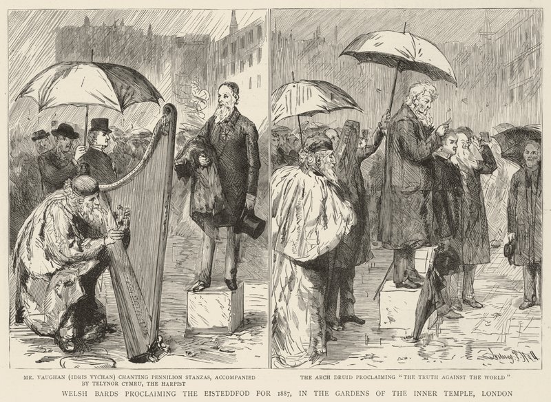 A walesi bárdok az 1887-es Eisteddfodot hirdetik a londoni Inner Temple kertjében. alkotó: Sydney Prior Hall