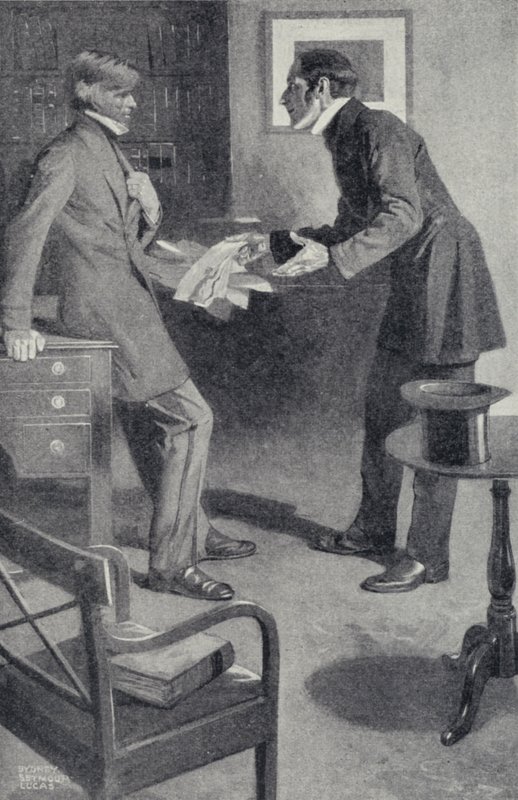 John Stuart Mill elhozza barátjának, Thomas Carlyle-nak a szörnyű hírt, hogy egy figyelmetlen lány elégette a kéziratát (litho). alkotó: Sydney C Lucas