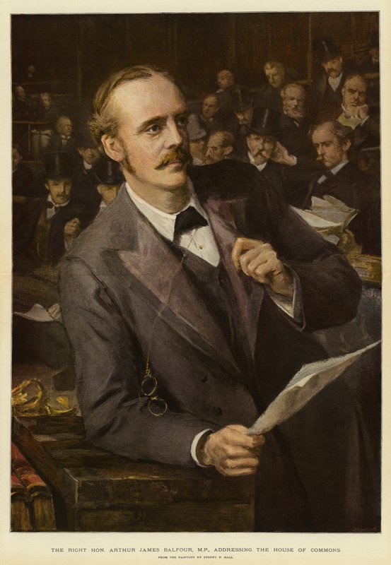 A jobboldali tisztelt Arthur James Balfour parlamenti képviselő beszédet mond az alsóházban (színes litó) alkotó: Sydney Prior (after) Hall