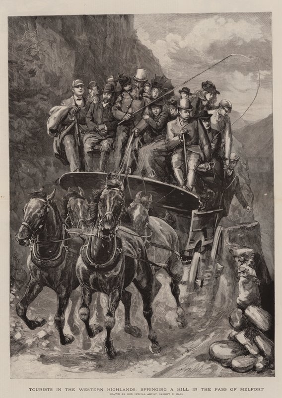 Turisták a Nyugati-felföldön, hegyet eresztenek a Melfort-hágóban (metszet) alkotó: Sydney Prior (after) Hall
