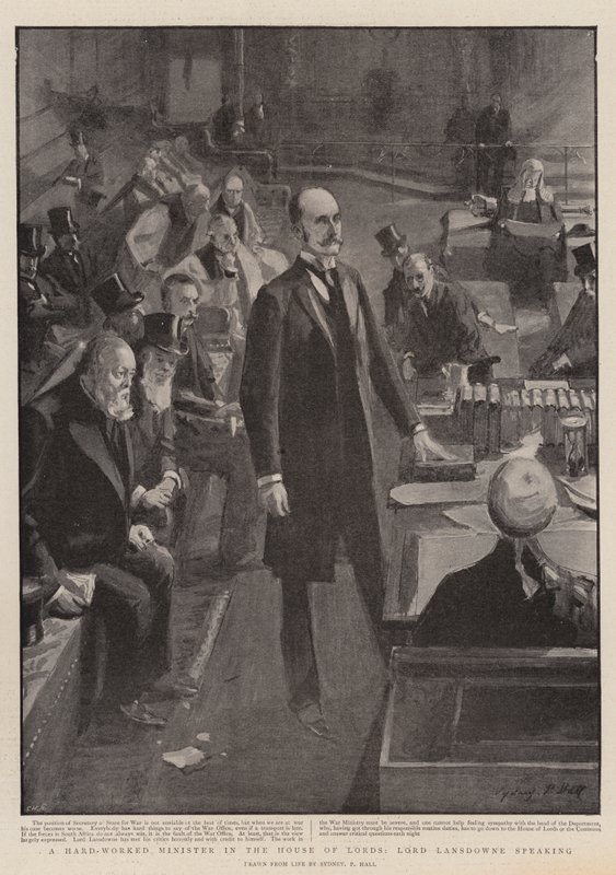 Keményen dolgozó miniszter a Lordok Házában, Lord Lansdowne beszél alkotó: Sydney Prior Hall