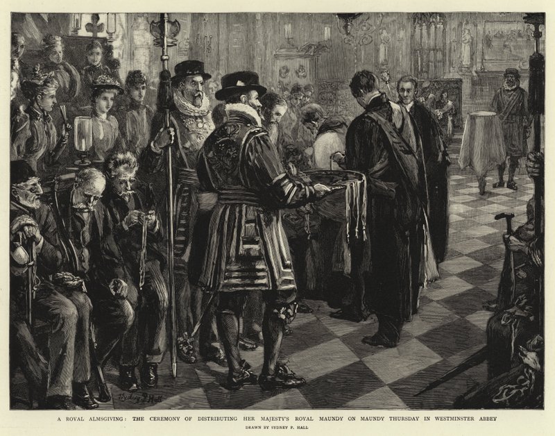 Királyi alamizsna, Őfelsége királyi áldásos kiosztásának szertartása nagycsütörtökön a Westminster Abbeyben alkotó: Sydney Prior Hall