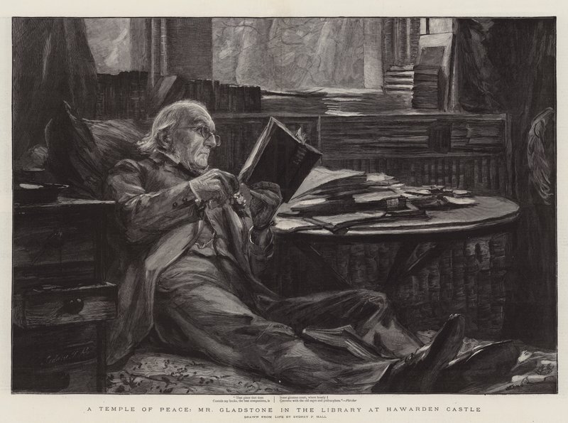 A béke temploma, Mr Gladstone a Hawarden kastély könyvtárában alkotó: Sydney Prior Hall