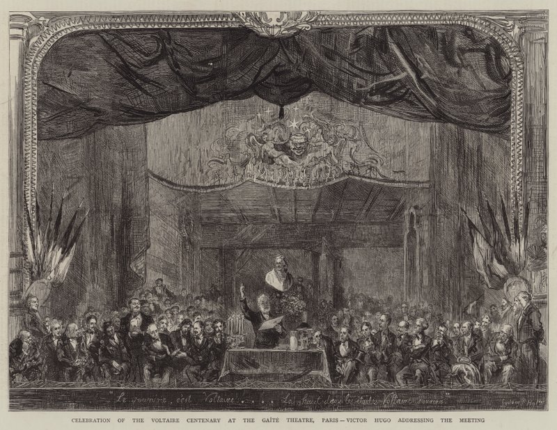 Voltaire centenáriumi ünnepsége a párizsi Gaite Színházban, Victor Hugo beszéde a találkozón alkotó: Sydney Prior Hall