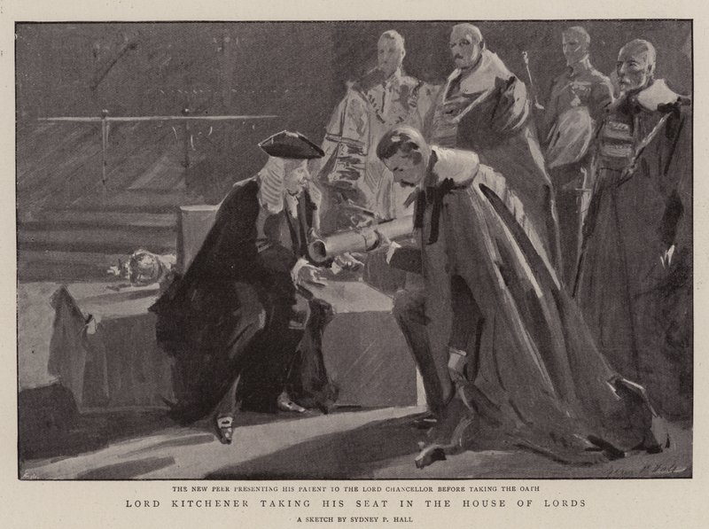 Lord Kitchener elfoglalja helyét a Lordok Házában alkotó: Sydney Prior Hall