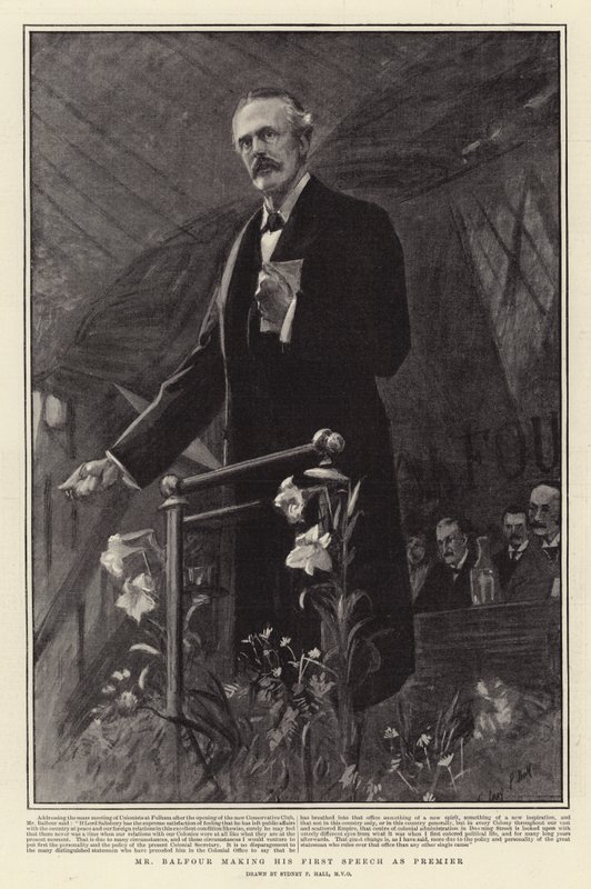 Balfour úr első beszédét tartja miniszterelnökként alkotó: Sydney Prior Hall