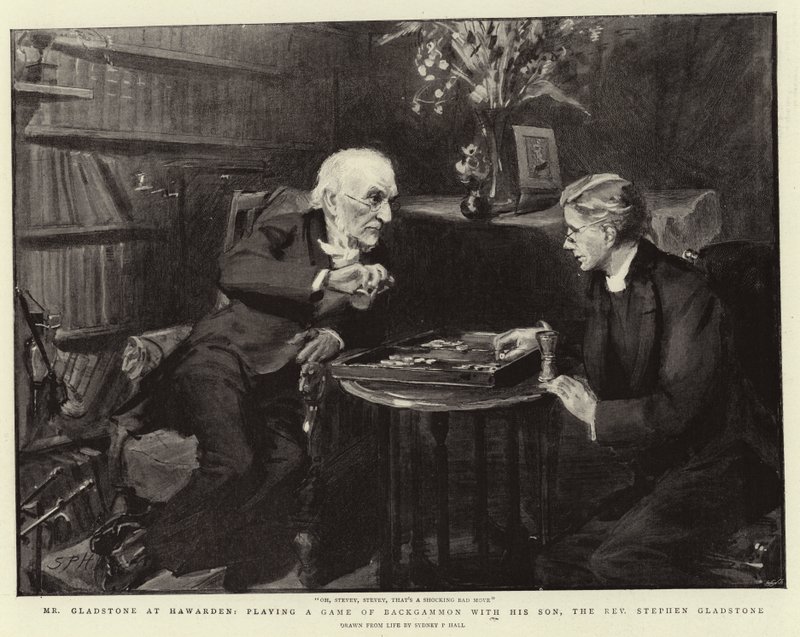 Gladstone úr Hawardenben, backgammonozik fiával, Stephen Gladstone tiszteletessel. alkotó: Sydney Prior Hall
