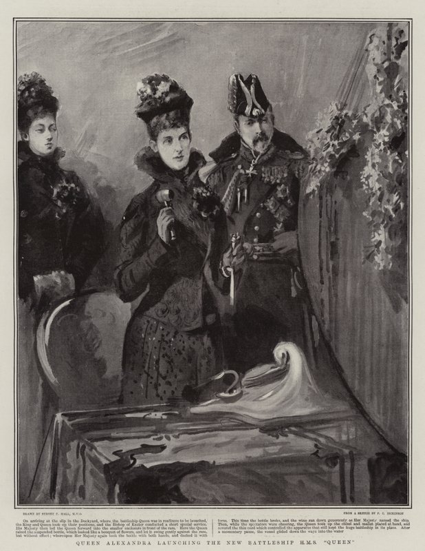Alexandra királynő elindítja az új H M S Queen csatahajót alkotó: Sydney Prior Hall
