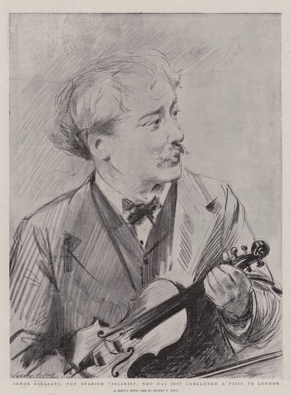 Senor Sarasate, a spanyol hegedűművész, aki most fejezte be látogatását Londonban alkotó: Sydney Prior Hall