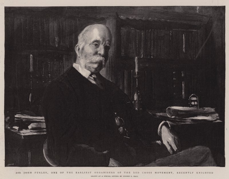 Sir John Furley, a Vöröskereszt Mozgalom egyik legkorábbi szervezője nemrég lovaggá ütött alkotó: Sydney Prior Hall