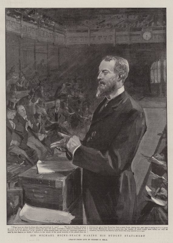 Sir Michael Hicks-Beach elkészíti költségvetési kimutatását alkotó: Sydney Prior Hall
