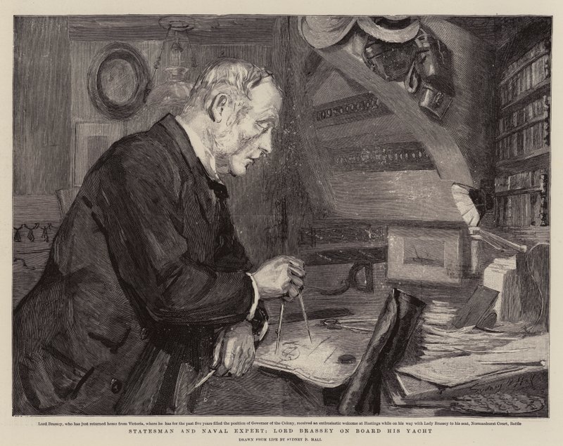 államférfi és haditengerészeti szakértő, Lord Brassey a jachtján alkotó: Sydney Prior Hall