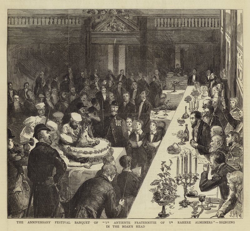 A Ye Antiente Fraternity of Ye Rahere Almoners jubileumi fesztivál bankettje, a vadkan fejével alkotó: Sydney Prior Hall