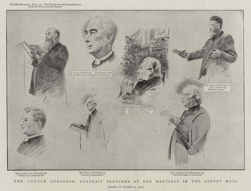 Az egyházi kongresszus, portrévázlatok a találkozókon az Albert Hall litho-ban alkotó: Sydney Prior Hall