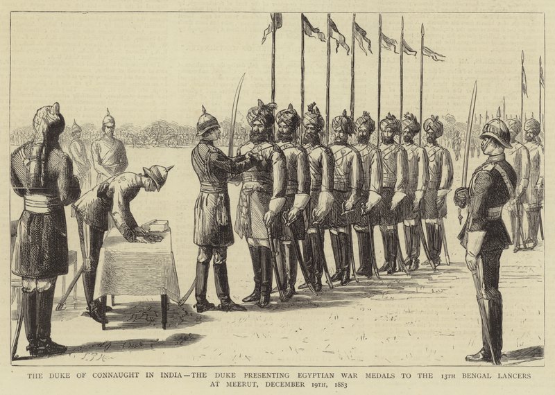 Connaught hercege Indiában, az egyiptomi háborús érmeket átadó herceg a 13. bengáli lándzsásoknak Meerutban, 1883. december 19. alkotó: Sydney Prior Hall
