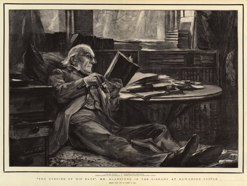 Napjai estéje, Mr Gladstone a Hawarden kastély könyvtárában alkotó: Sydney Prior Hall