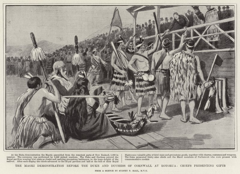 A maori tüntetés Cornwall hercege és hercegnéje előtt Rotoruában, ajándékokat átadó főnökök alkotó: Sydney Prior Hall