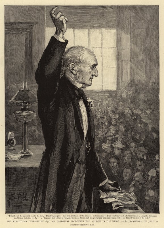 Az 1892-es közép-lothi hadjárat, Gladstone úr beszédet mond az edinburgh-i Music Hallban tartott találkozón június 30-án alkotó: Sydney Prior Hall