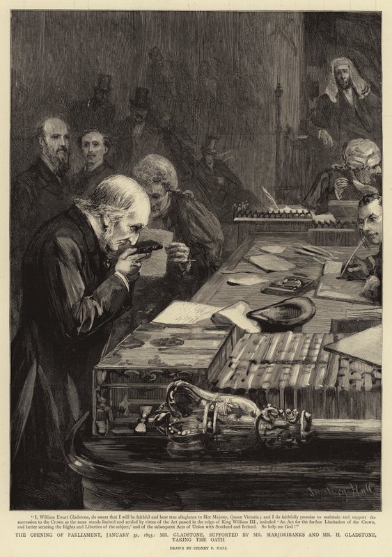 A parlament megnyitása, 1893. január 31. Gladstone úr, Marjoribanks úr és H Gladstone úr támogatásával letette az esküt alkotó: Sydney Prior Hall