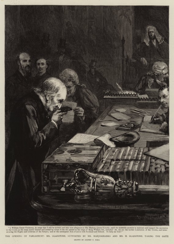 A Parlament megnyitása, Gladstone úr, Marjoribanks úr és H. Gladstone úr támogatásával, leteszi az esküt. alkotó: Sydney Prior Hall