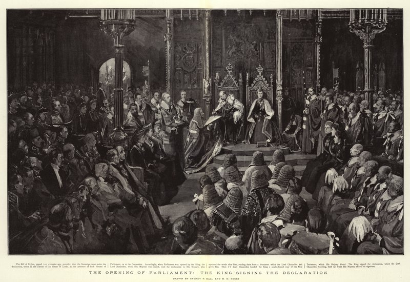A parlament megnyitása, a király aláírja a nyilatkozatot alkotó: Sydney Prior Hall