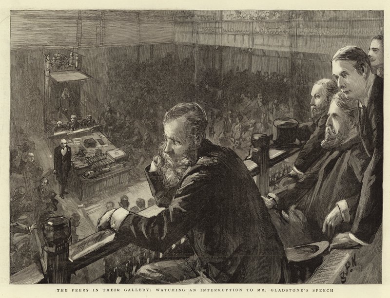 A társak a galériájukban, figyelik Mr. Gladstone beszédének megszakítását alkotó: Sydney Prior Hall