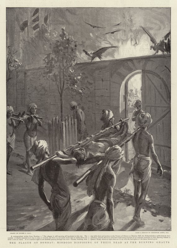 A pestis Bombayben, a hinduk a Burning Ghautsban dobják el halottaikat alkotó: Sydney Prior Hall