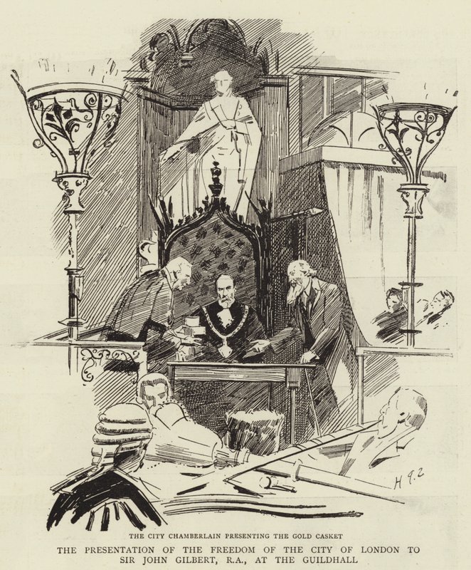 A londoni város szabadságának bemutatása Sir John Gilbertnek, RA, a Guildhallban alkotó: Sydney Prior Hall
